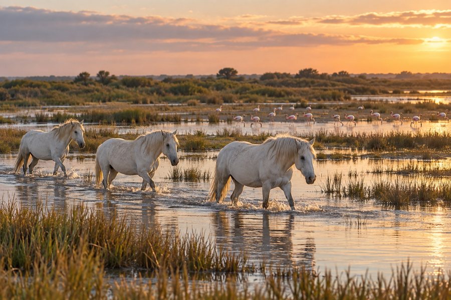 Camargue: Pferde und Flamingos im Feuchtgebiet (KI-Symbolbild)