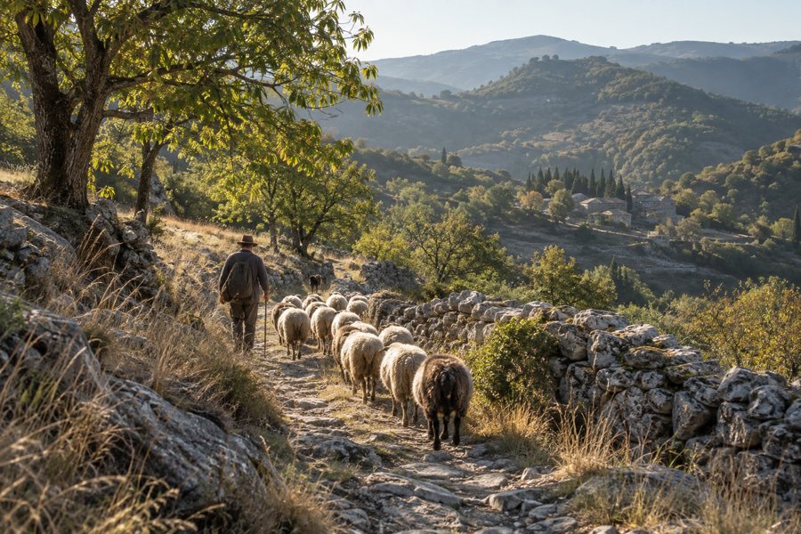 Schafherde auf einem Trockensteinweg in den Cévennen, im Hintergrund ein Hirte und niedrige Hügel.