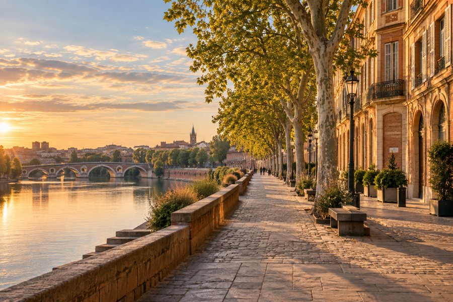 KI-generierte Stadtansicht mit rosafarbenen Backsteinfassaden und Flusspromenade als Symbolbild für Toulouse