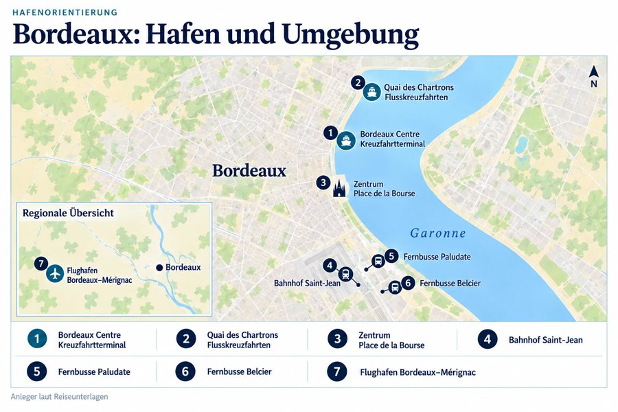 KI-generierte Illustration: schematische Karte von Bordeaux mit Garonne, Hafenanlegern und Verkehrsknotenpunkten.