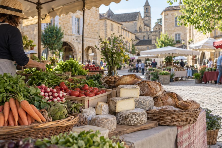 Kleiner Marktstand im Périgord mit Käse, Brot und Körben