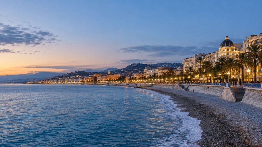 Winterliche Promenade des Anglais in Nizza bei blauer Stunde mit beleuchteter Uferfront