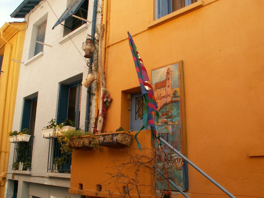 Bunte Fassaden und Blumenkästen in einer Gasse von Collioure